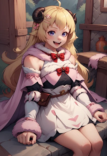 score_9, score_8_up, score_7_up, score_6_up, score_5_up, score_4_up, rating_questionable, BREAK, figure four sitting, <lora:CHAR-TsunomakiWatamePonyXL:.95>  WatameBase, very long hair, ahoge, hairclip, fur-trimmed dress, short dress, red bowtie, detached sleeves, pouch, fur-trimmed cape, pink cape, joyful <lora:mfcgXL:.5>