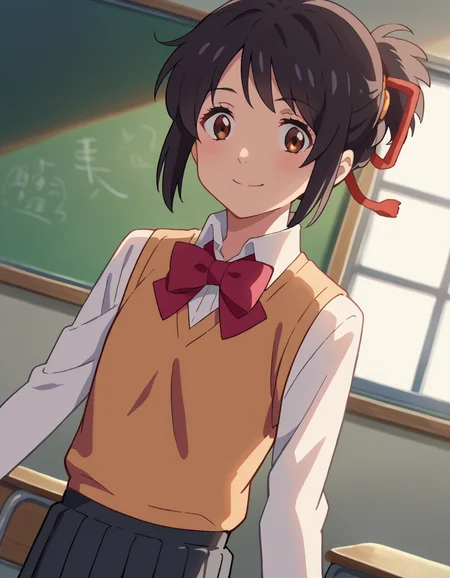 score_9, score_8_up, score_7_up, source_anime,
mitsuhamiyamizu, <lora:mitsuha-miyamizu-ponyxl-lora-nochekaiser:1>,
mitsuha miyamizu, black hair, brown eyes, smile,
short hair, bow, ribbon, hair bun, school uniform, hair ribbon, bowtie, red ribbon, sweater vest, light brown sweater, shirt, white shirt, collared shirt, long sleeves, skirt, black skirt, pleated skirt,
indoors, classroom,
looking at viewer, dutch angle, cowboy shot,