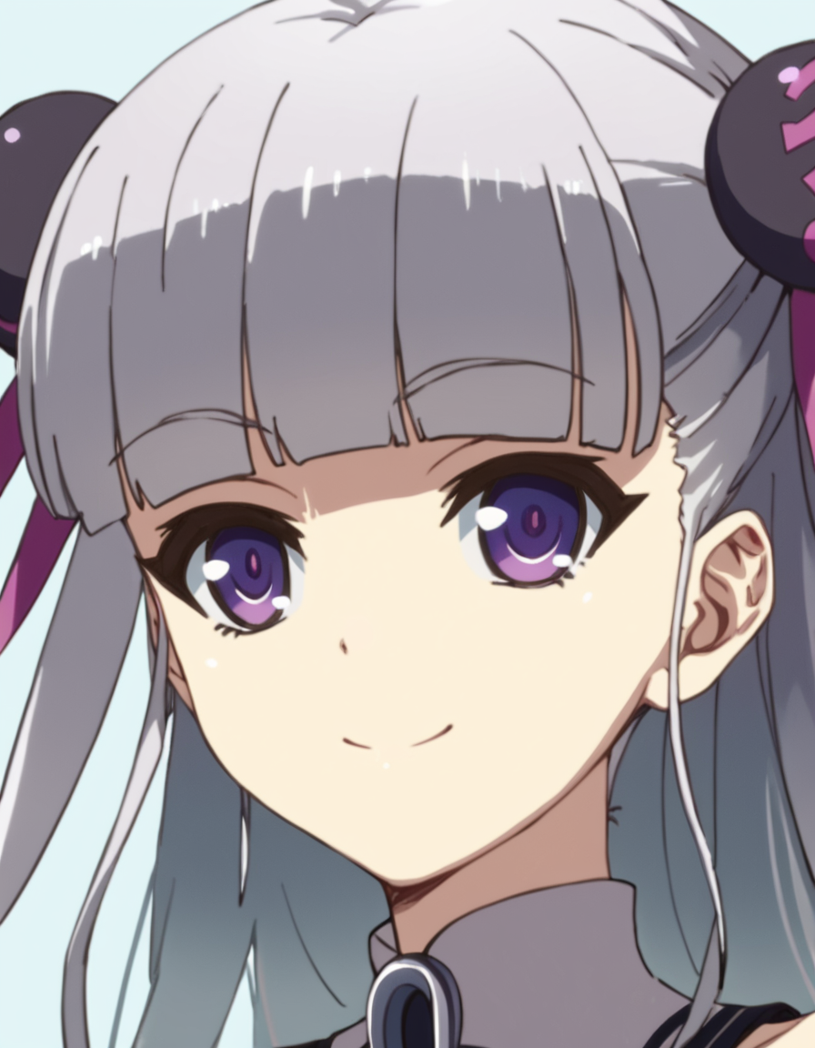 score_9, score_8_up, score_7_up, score_6_up, score_5_up, score_4_up, source_anime,  Maria, long hair, purple eyes, double bun, grey hair, , portrait, soft smile