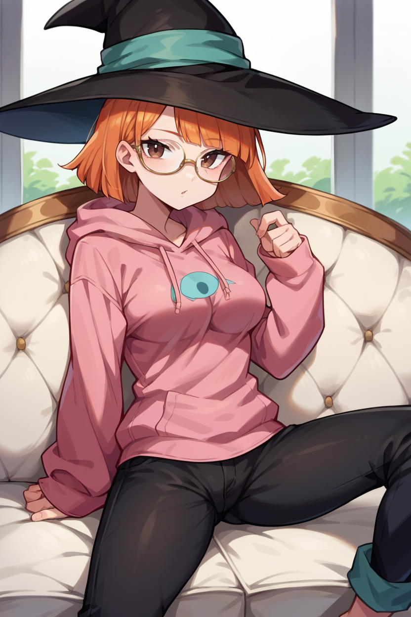 score_9, score_8_up, score_7_up, score_6_up, source_anime, BREAK 1girl, solo, <lora:dq3mage-pdxl-nvwls-v1-000005:1> dq3mage, orange hair, short hair, brown eyes, witch hat, pink hoodie, sleeves past wrists, medium breasts, black pants, sitting, couch, looking at you, glasses