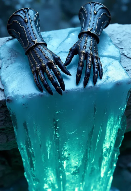 A pair of gauntlets carved from the chitinous exoskeleton of an extinct abyssal leviathan rests atop a frozen waterfall, their fingertips elongated into razor-sharp talons. The ice surrounding them hums with an unnatural resonance, shifting between deep blue and eerie phosphorescent green. Beneath the frozen surface, ancient runes flicker to life whenever the gauntlets are approached, revealing glimpses of a creature coiled deep within the ice, waiting to be released.
   , aidmabaldursgate3, aidmamj6.1, aidmafluxpro1.1