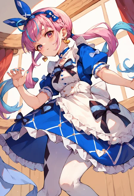 score_9, score_8_up, score_7_up, uncensored, source_anime, 1girl, <lora:spminatoAquaXLPony:1> aquairowonder, blue hairband, bow hairband, heart earrings, choker, blue dress, frilled dress, puffy short sleeves, apron, blue ribbon, white pantyhose, blue nail polish, blue nails