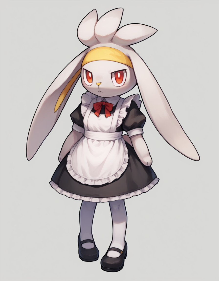 score_9, score_8_up, score_7_up, score_6_up, score_5_up, score_4_up, 1girl, full body, solo,
 <lora:Raboot_v0-3:1> raboot, pokemon \(creature\), white fur, droopy ears, rabbit ears, rabbit tail, red eyes, looking at viewer, furry female, yellow hairband,
maid-outfit, white-pantyhose, mary-janes, maid-headdress, maid-apron