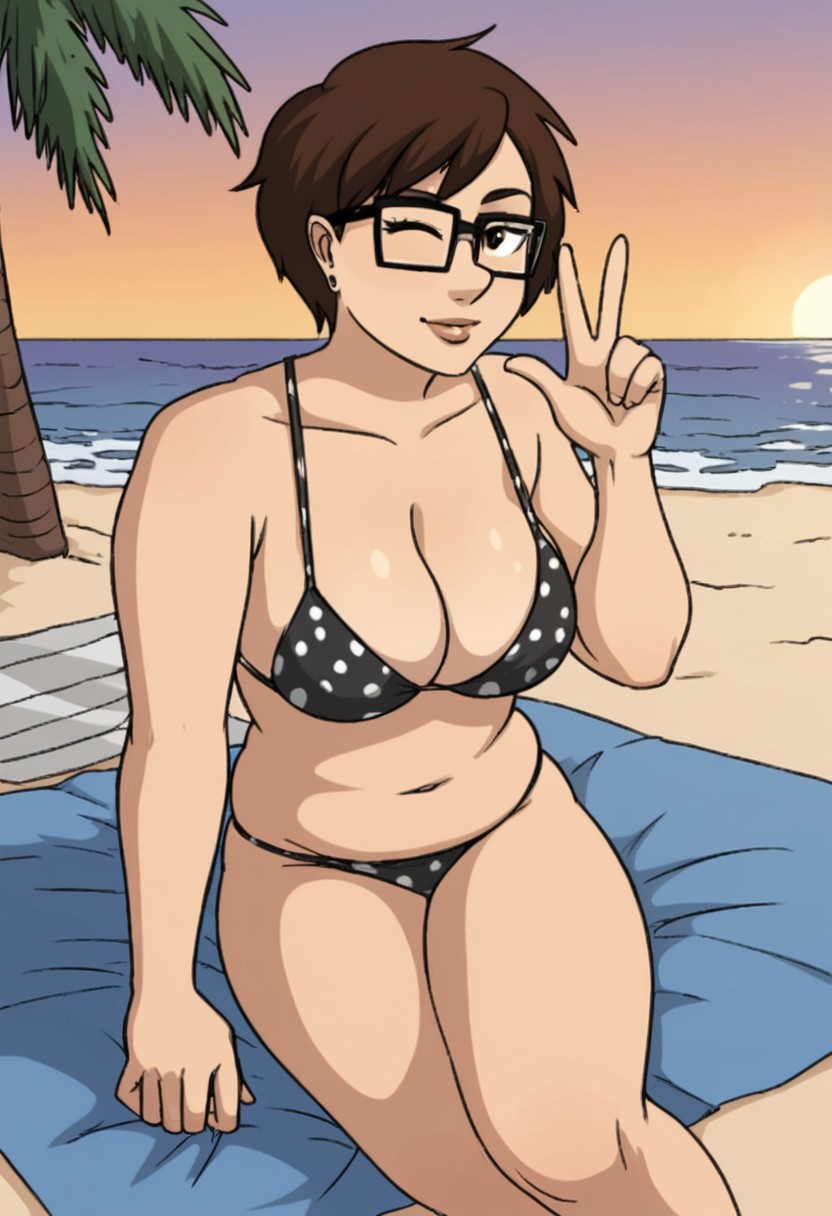(fine texture, masterpiece, ultra-detailed, very awa, best quality, very aesthetic, absurdres, newest, volumetric lighting, scenery, score_9, score_8_up, score_7_up), BREAK,
1girl, qc, /faye/, sexy, short brown hair, brown eyes, large natural breasts, thick, chubby collarbone, glasses, BREAK, 
two-piece bikini, polka dots, lying, down on a beach towel, seductive pose, playful expression, looking at viewer, (glasses down, one eye closed, wink:1.4), BREAK, 
outdoors, golden hour lighting, beach, (palm trees:1.2), sunset reflecting on water, umbrella in the background, BREAK,