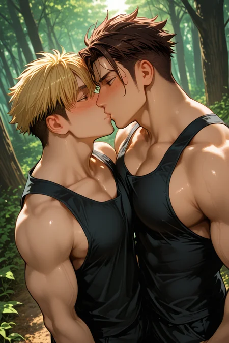 mitsuhiro and akagi-gay couple focus, black-blonde_Mitsuhiro_hair and brown_Akagi_hair, male focus, duo, height contrast, smiling, kissing, looking at each other, blush, pectorals, side by side,black tank tops, black pants, blurry background, outdoors, forest, dynamic angle, dynamic action, cinematic, symbol, surreal, foreshortening, masterpiece, best quality, amazing quality, very aesthetic, absurdres, newest, very awa