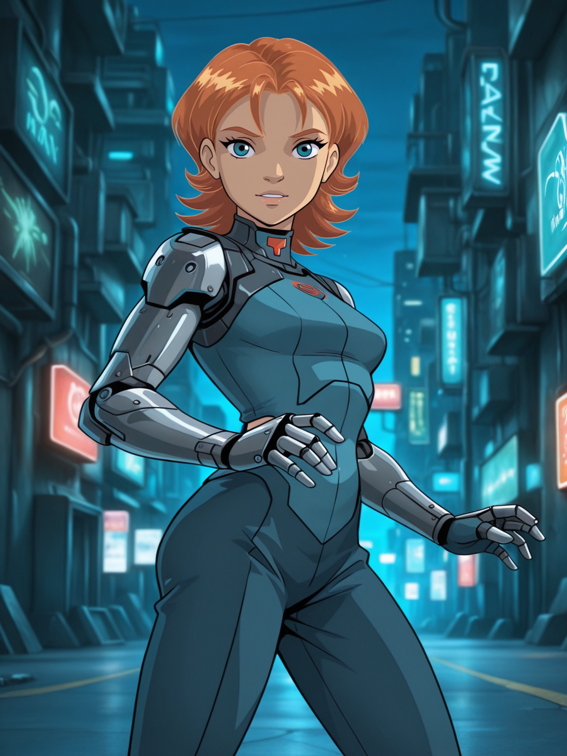 <lora:irmaIL:0.9> ir_ma, 1girl, auburn hair, short hair, slightly wavy hair, greenish-blue eyes, 
looking at viewer, cyberpunk, augmentations, prosthetic, metal arm, difficult background, at night, dynamic pose,