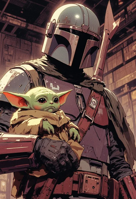 Mandalorian holding (((detail green baby Yoda))), anime style, vintage film effect, muted colors, grainy texture, cinematic shot, soft lighting, retro aesthetics, warm tones