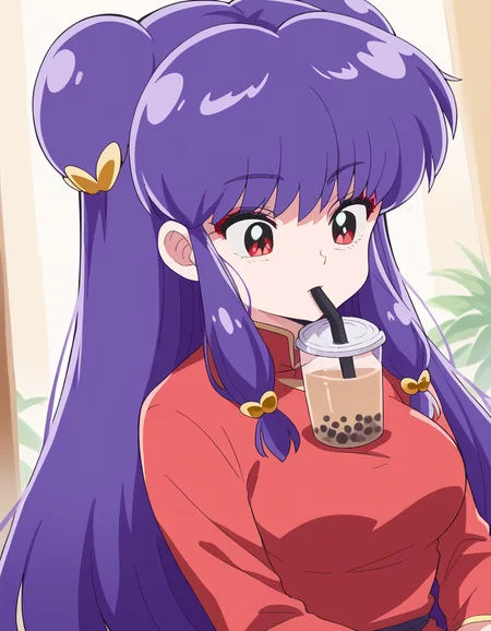 score_9, score_8_up, score_7_up, source_anime, <lora:shampoo-leak-ponyxl-lora-nochekaiser:1>, shampoo, shampoo (ranma 1/2), long hair, hair ornament, red eyes, purple hair, hair bun, double bun,, <lora:bubble-tea-challenge-ponyxl-lora-nochekaiser:1>, bubble tea challenge, bubble tea, object on breast, drinking straw, drinking straw in mouth, drinking, cup,, indoors, sitting, looking down, , cowboy shot, dutch angle