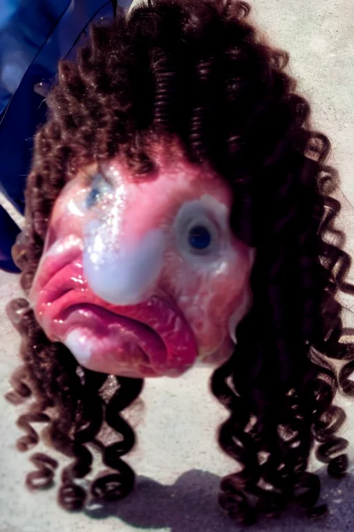 bl0bf1sh, long hair, (shirt)<lora:curly_hair_slider_v1:10> <lora:blobfish:1.6>