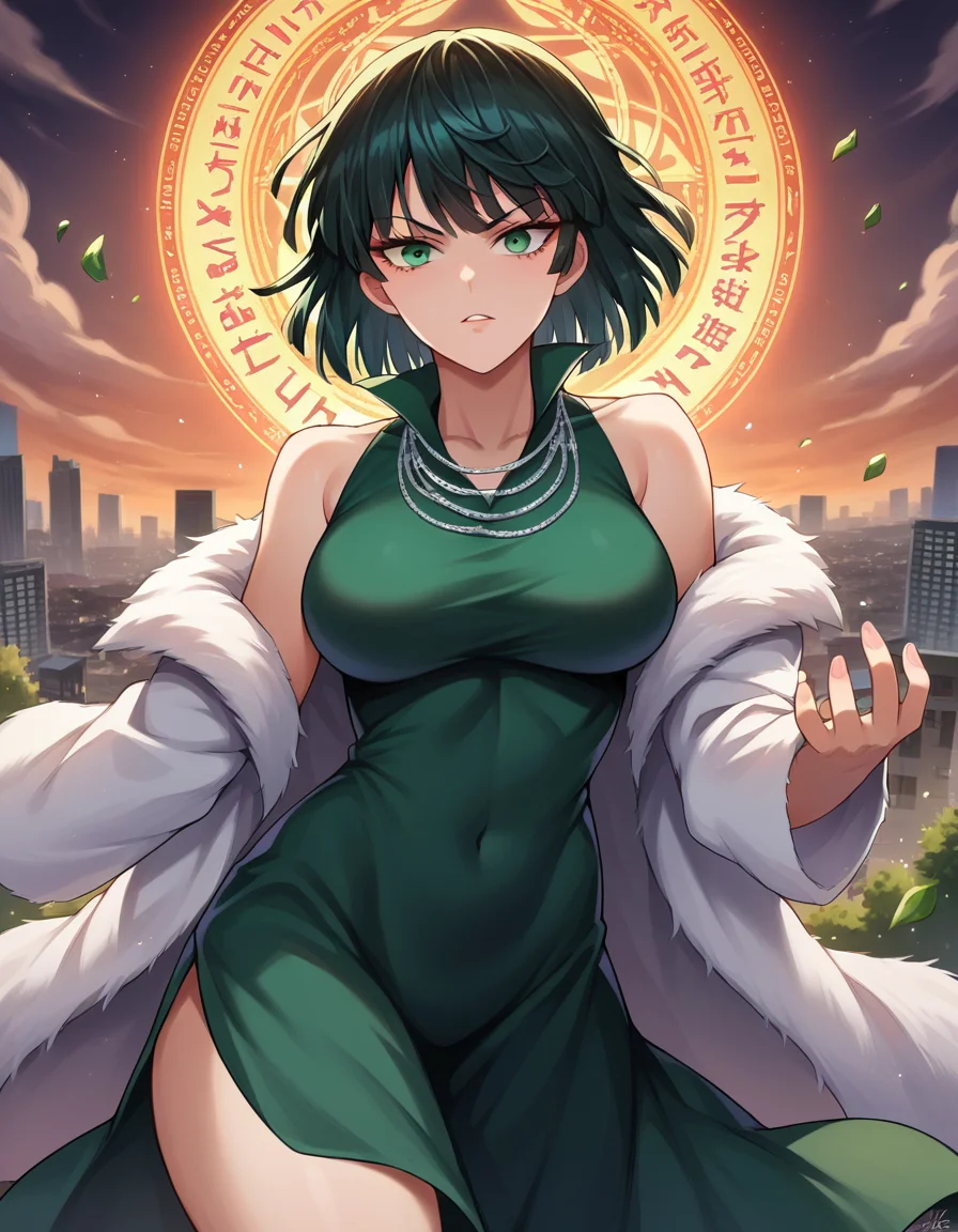 score_9, score_8_up, score_7_up, source_anime,
fubuki, <lora:opm-fubuki-ponyxl-lora-nochekaiser:1>,
fubuki, black hair, green eyes, short hair,
black dress, dress, fur coat, high collar, jewelry, necklace, off shoulder, taut clothes, taut dress,
outdoors, cityscape, magic, magic circle, fighting stance,
looking at viewer, dutch angle, cowboy shot,