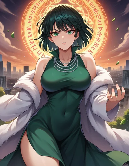 score_9, score_8_up, score_7_up, source_anime,
fubuki, <lora:opm-fubuki-ponyxl-lora-nochekaiser:1>,
fubuki, black hair, green eyes, short hair,
black dress, dress, fur coat, high collar, jewelry, necklace, off shoulder, taut clothes, taut dress,
outdoors, cityscape, magic, magic circle, fighting stance,
looking at viewer, dutch angle, cowboy shot,