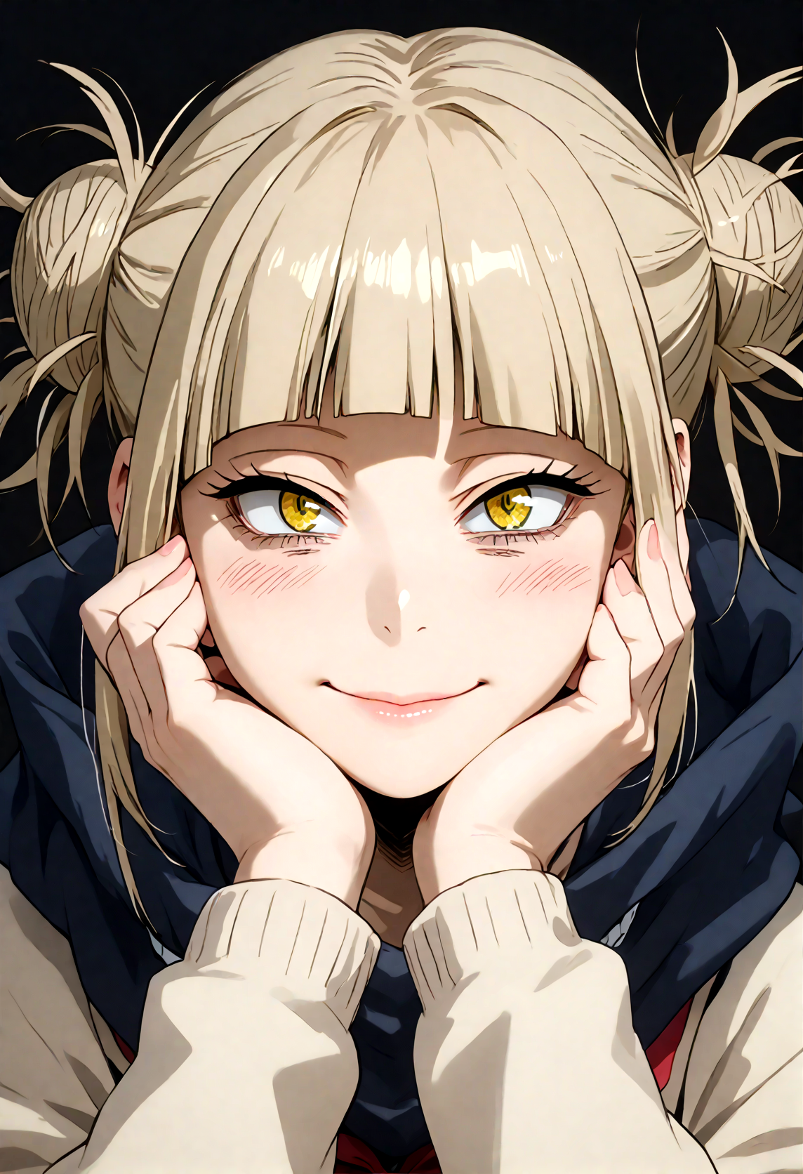 1girl, solo, Himiko Toga, toga himiko, medium breasts, yandere trance:0.6, hands on own cheeks, big smile, looking at viewer, blush, simple background, black background, 