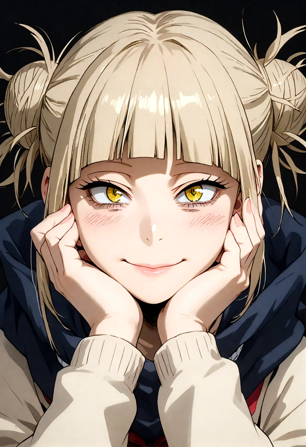 1girl, solo, Himiko Toga, toga himiko, medium breasts, yandere trance:0.6, hands on own cheeks, big smile, looking at viewer, blush, simple background, black background,
