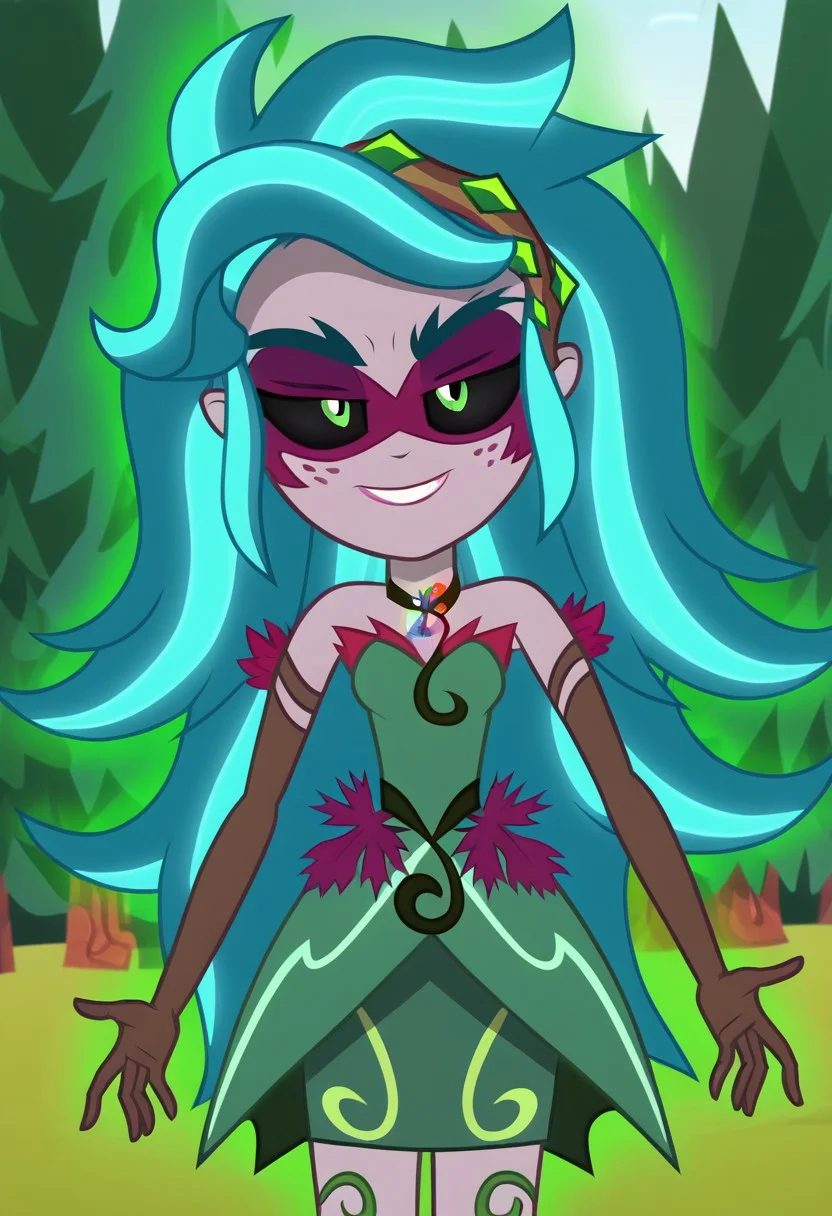 gaia everfree outfit, four fingers, half closed eyes, evil face, detailed freckles, 1girl, forest, detailed eyebrows, angry smile, solo, gaia everfree outfit, light-grey skin, turquoise hair, green eyes with black sclera, green floral dress, strapless dress, brown gloves, small breasts, strapless dress, petite body, magical aura, teeth, presenting, looking at viewer, (flat shading, soft shading), (equestria girls, show accurate:1.2)