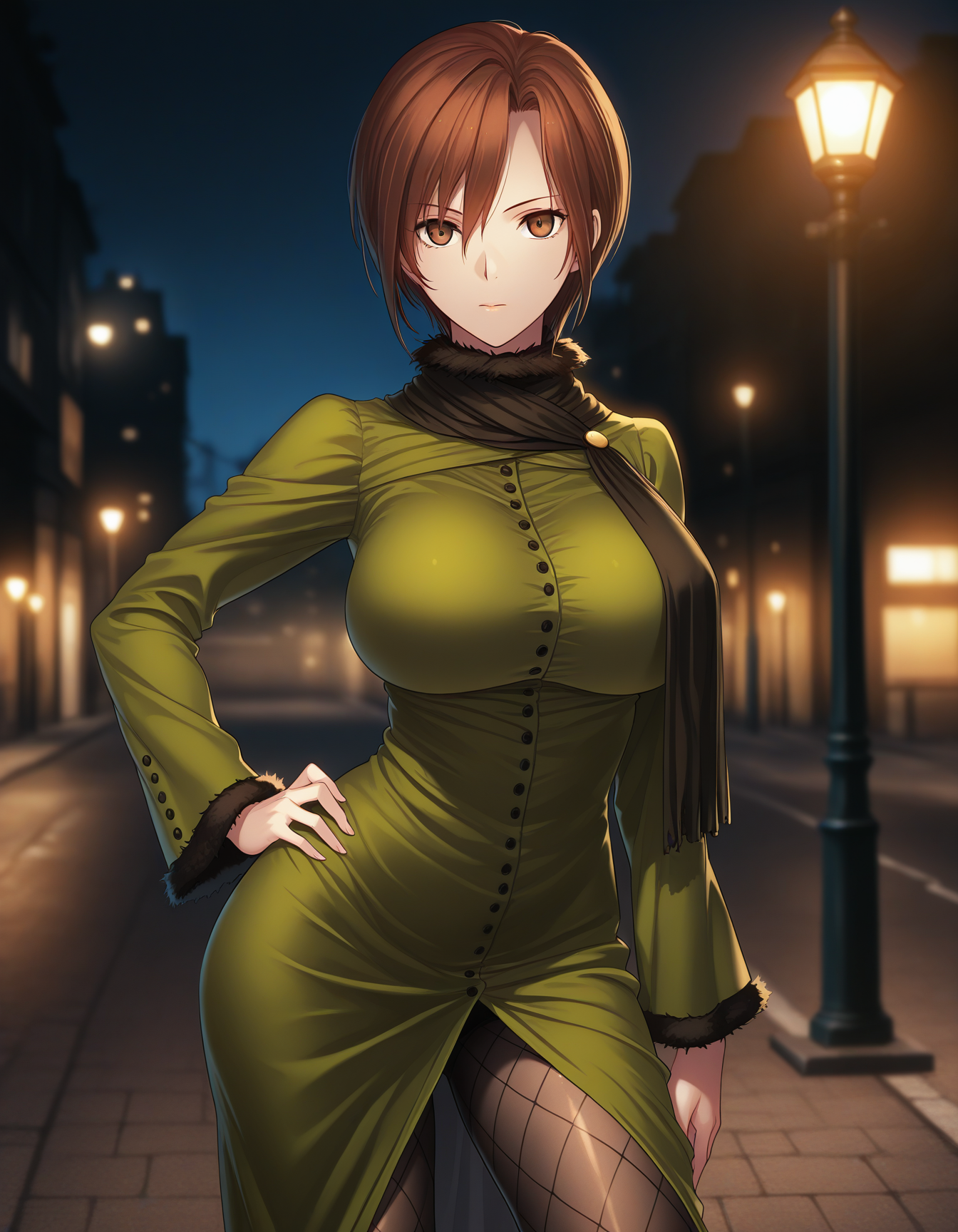 1girl, solo, aozaki touko, brown hair, short hair, brown eyes, big breasts, green dress, scarf, front slit, black pantyhose, fishnets pantyhose, standing, one hand on hip, contrapposto, depth of field, street lamp, outdoors, night, dark theme <lora:aozaki_touko_ilxl_v1:0.8>