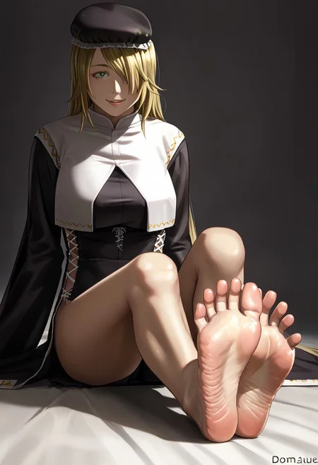 score_9, score_8_up, score_7_up, source_anime, barefoot, (soles:1.3), dominique_nun, zPDXL2, sitting, barefoot, coy smile, parted lips