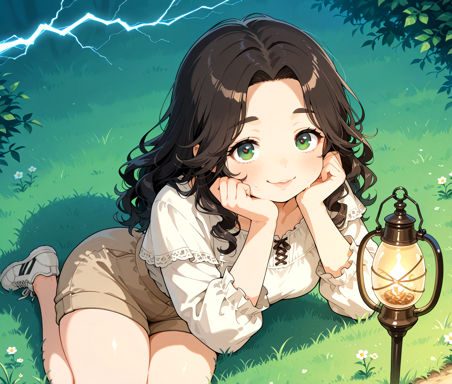 PonyScores7, source_anime, ah1, IllustriousQual, <lora:natsumi_style:0.5>, <lora:by_usakun-pony:0.4> by usakun, <lora:Akina_Bbw_Style_-_PonyXL:0.2> AkinBw
BREAK 1girl, (curly hair), long hair, (black hair:1.3), mature female, (parted hair:1.7), (round face:1.2), (thick eyebrows:1.3), (curvy), round-chin, (greenish brown eyes:1.4), (colorful eyes:1.3), (multicolored eyes:1.3), caucasian, (downturned eyes:1.4), (plump face), messy hair, <lora:Round_face:0.1>, <lora:ETO_OCPonyXL:0.5> eto_oc, skindentation, (plump), thick thighs, wide hips, busty, voluptuous, kinky curls, lips, <lora:venus body PonyXL:0.4>,  ((Smiling, Curled lips raised cheeks squinted eyes conveying joy happiness or amusement), (bordered), (magical lightning)), looking at viewer, ((brown and caramel babylights soft lavender tunic with high-waisted shorts and white sneakers))
BREAK <lora:xl_more_art-full_v1:0.2>, <lora:shinyskin2:0.2> glistening skin, <lora:aesthetic_anime_v1s:0.2>, <lora:Expressive_H:0.2> Expressiveh, <lora:hairdetailpxl:0.2> hairdetailpxl, <lora:EpicF4nta5yXL:0.2>, <lora:detailxl:0.2> detailxl, <lora:Fant5yP0ny:0.2>, best quality, amazing quality, best aesthetic, absurdres, <lora:expressive eyes:0.2> expressive eyes, <lora:eyedetailpxl:0.2> eyedetailpxl, illustration, Volumetric_Lighting, ultra-detailed, very aesthetic, intricate details, 8k, masterpiece, best_quality 
BREAK (soft Academia fashion style, which celebrates a cozy and intellectual aesthetic, features knitwear, layered outfits, and warm colors, evoking a sense of comfort and creativity), (zoom out:1.5)
BREAK <lora:Eyes_High_Definition:0.3> EyesHD, Stable_Yogis_PDXL_Positives, AS-Adult, <lora:Complicated fantasy portrait - XL Pony V2.0:0.4>, bad-hands-5, <lora:HDA_Detailer:0.2>, HDA_FatGirlXL,