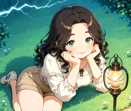 PonyScores7, source_anime, ah1, IllustriousQual, <lora:natsumi_style:0.5>, <lora:by_usakun-pony:0.4> by usakun, <lora:Akina_Bbw_Style_-_PonyXL:0.2> AkinBw
BREAK 1girl, (curly hair), long hair, (black hair:1.3), mature female, (parted hair:1.7), (round face:1.2), (thick eyebrows:1.3), (curvy), round-chin, (greenish brown eyes:1.4), (colorful eyes:1.3), (multicolored eyes:1.3), caucasian, (downturned eyes:1.4), (plump face), messy hair, <lora:Round_face:0.1>, <lora:ETO_OCPonyXL:0.5> eto_oc, skindentation, (plump), thick thighs, wide hips, busty, voluptuous, kinky curls, lips, <lora:venus body PonyXL:0.4>,  ((Smiling, Curled lips raised cheeks squinted eyes conveying joy happiness or amusement), (bordered), (magical lightning)), looking at viewer, ((brown and caramel babylights soft lavender tunic with high-waisted shorts and white sneakers))
BREAK <lora:xl_more_art-full_v1:0.2>, <lora:shinyskin2:0.2> glistening skin, <lora:aesthetic_anime_v1s:0.2>, <lora:Expressive_H:0.2> Expressiveh, <lora:hairdetailpxl:0.2> hairdetailpxl, <lora:EpicF4nta5yXL:0.2>, <lora:detailxl:0.2> detailxl, <lora:Fant5yP0ny:0.2>, best quality, amazing quality, best aesthetic, absurdres, <lora:expressive eyes:0.2> expressive eyes, <lora:eyedetailpxl:0.2> eyedetailpxl, illustration, Volumetric_Lighting, ultra-detailed, very aesthetic, intricate details, 8k, masterpiece, best_quality 
BREAK (soft Academia fashion style, which celebrates a cozy and intellectual aesthetic, features knitwear, layered outfits, and warm colors, evoking a sense of comfort and creativity), (zoom out:1.5)
BREAK <lora:Eyes_High_Definition:0.3> EyesHD, Stable_Yogis_PDXL_Positives, AS-Adult, <lora:Complicated fantasy portrait - XL Pony V2.0:0.4>, bad-hands-5, <lora:HDA_Detailer:0.2>, HDA_FatGirlXL,