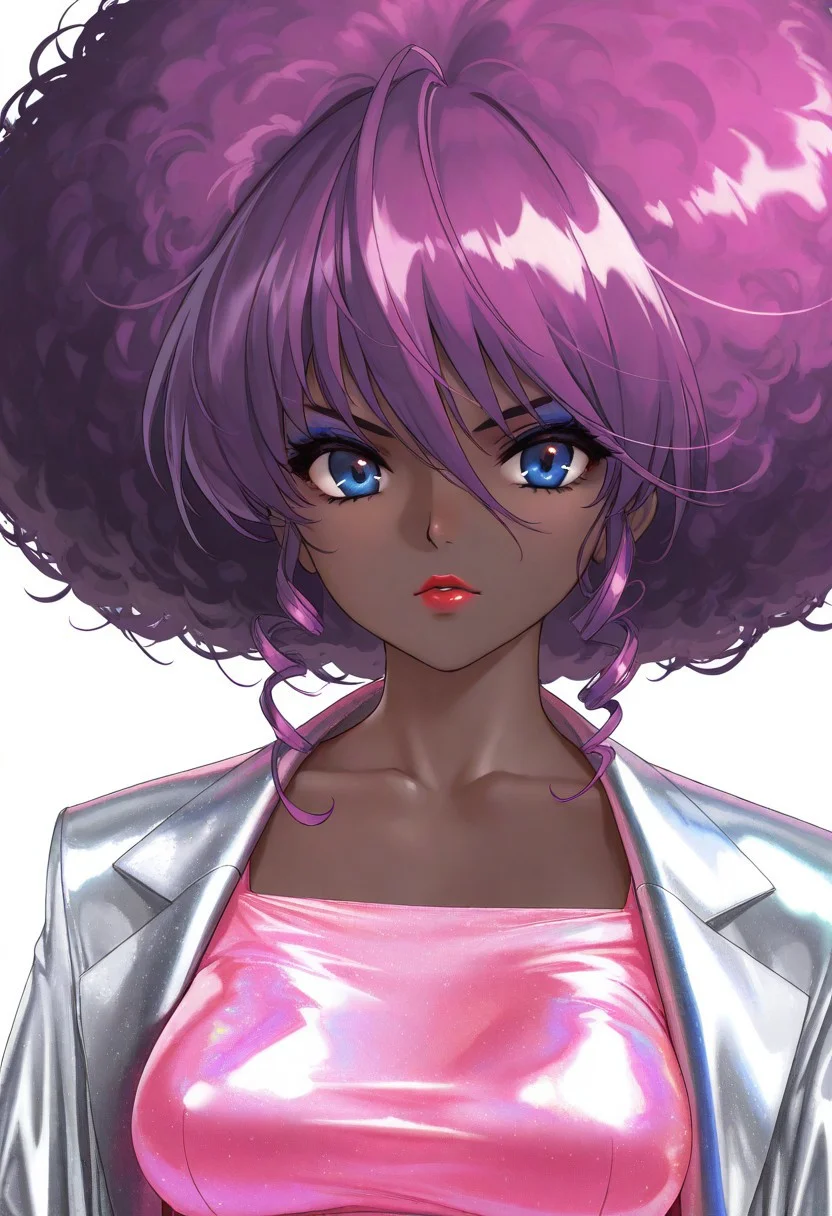 masterpiece, best quality, very aesthetic, absurdres,
1girl, upper body, solo, shana \(jem and the holograms\), retro artstyle, 1980s \(style\), very dark skin, dark-skinned female, blue eyes, purple hair, big hair, afro, curly hair, makeup, eyeshadow, lipstick, red lips, collarbone, BREAK,
iridescent clothes, short dress, pink dress, taut dress, silver jacket, open jacket, white background,
az-ys-il,