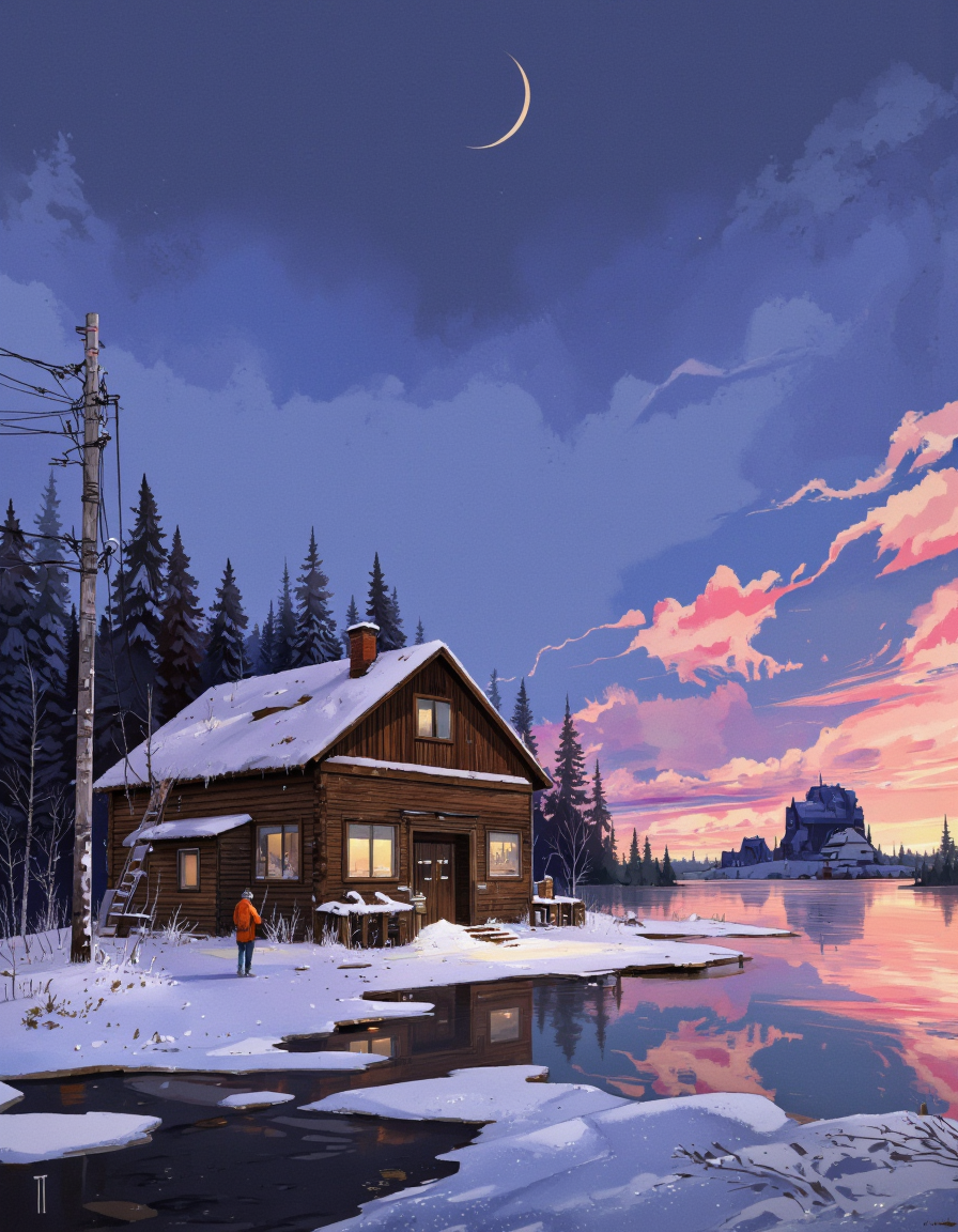 Art by Ismail Inceoglu. A digital illustration shoot from a distance camera angle about a snowy landscape at night, featuring a wooden building with snow-covered trees and a utility pole on the left, and a person standing in front of it. the scene is set in a rural area, with a body of water in the foreground and a distant building with a satellite dish on the right. the sky is filled with colorful clouds and a crescent moon, and the colors of the sky are predominantly blue, pink, and purple, with some hints of orange and yellow. the building has a sloping roof and large windows, and there is a ladder leading up to the entrance. the person is standing in the middle of the image, and they are facing away from the viewer.