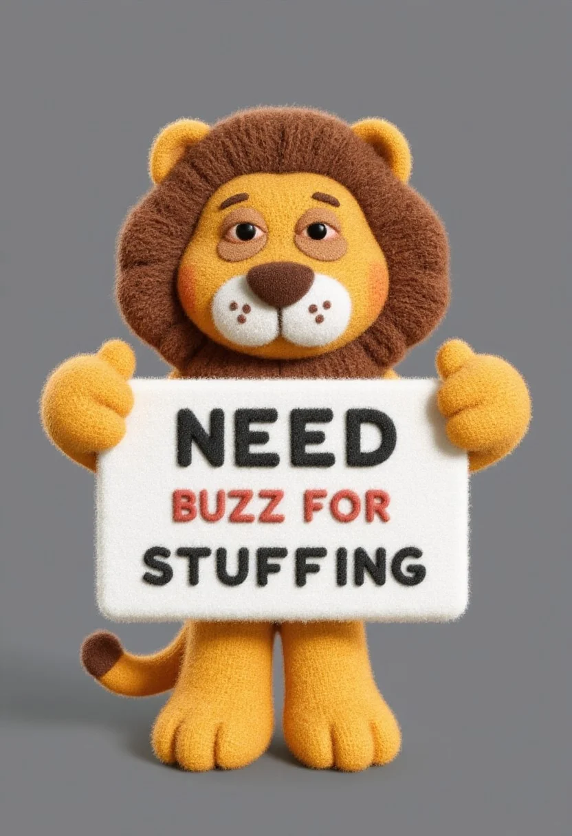 A plush lion holding a sign that says "Need Buzz For Stuffing", aidmatextimprover, aidmatextimprover, plush
