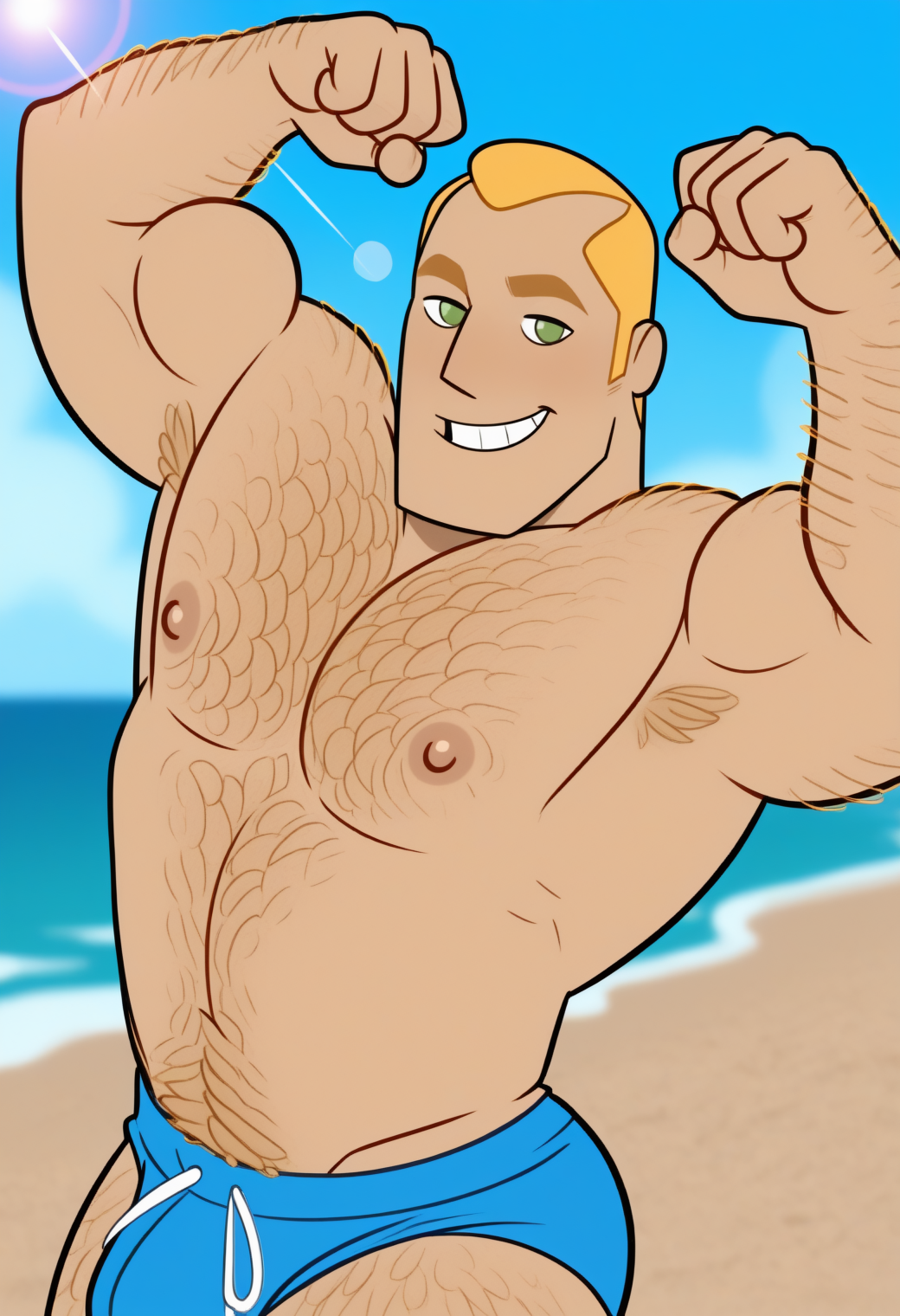 masterpiece,best quality,
1boy,solo,
<lora:coach_ben_ILXL_0_1_CAME_v1_rev2:1>,c04chB,toon \(style\),blonde hair,bara,green eyes,thick eyebrows,
sparse chest hair,arm hair,hairy,
topless male,blue male swimwear,u_u,double biceps pose,biceps,u_u,grin,
outdoors,day,beach,lens flare,blurry background,
depth of field,âââ