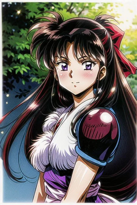 best quality 1girl Setsun4 solo long hair, (night time) forest background black hair very long hair purple eyes multicolored hair armor, small, (fur trim) (medium body),<lora:EMS-179-EMS:0.800000>,<lora:EMS-293862-EMS:0.800000> bow, hair_bow, hair_tubes, red_bow, brown_hair, long_hair, bangs, ascot, frilled_bow, yellow_ascot, blush, smile, hair_between_eyes, athletic, armor, miko, Smiling, happy,