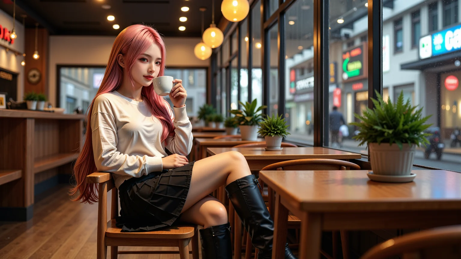 A stylish20-year-old girl with long pink hair and green eyes sits comfortably in a modern café,wearing a cream-colored sweater,a black pleated skirt,and elegant knee-high black boots. Holding a hot cup of coffee,she gently blows on it while smiling softly. The caféâs warm ambient lighting creates a cozy atmosphere,with wooden tables,potted plants,and soft jazz music playing in the background. Large windows reveal the bustling city outside,with neon lights reflecting off the glass. Realistic photography style,cinematic lighting,soft-focus background,warm and cool tone contrast.,
<lora:yuukananri-base-02-flux:0.8>,yuukananri,she has a slender physique and a petite build,