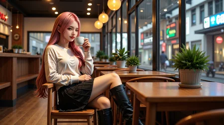 A stylish20-year-old girl with long pink hair and green eyes sits comfortably in a modern café,wearing a cream-colored sweater,a black pleated skirt,and elegant knee-high black boots. Holding a hot cup of coffee,she gently blows on it while smiling softly. The caféâs warm ambient lighting creates a cozy atmosphere,with wooden tables,potted plants,and soft jazz music playing in the background. Large windows reveal the bustling city outside,with neon lights reflecting off the glass. Realistic photography style,cinematic lighting,soft-focus background,warm and cool tone contrast.,
<lora:yuukananri-base-02-flux:0.8>,yuukananri,she has a slender physique and a petite build,