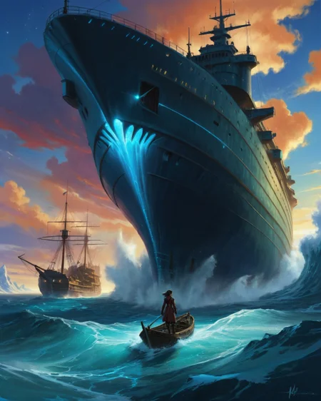 ethereal fantasy concept art of anime artwork Anne Noggle (aviation-over-ocean), kelp forest canopy sway, earthshine ghost ship, iceberg meltwater rivulets, waterspout tornado merger, aurora borealis mirroring in ice,,mutinous storm shelters in inverted shipwreck hulls where stowaway spies plot amidst approaching navy drumbeats, Futurism Art Style, dynamic, dramatic, Futurism Art Style,,
<lora:iLLMythG0thicL1nes:0.5> G0thicL1nes,
<lora:extremely_detailed:0.7> extremely detailed ,
<lora:add-detail-xl:0.7>,
<lora:softdigital2x2:0.15>,
<lora:EpicF4nta5yXL:0.3>, . anime style, key visual, vibrant, studio anime, highly detailed . magnificent, celestial, ethereal, painterly, epic, majestic, magical, fantasy art, cover art, dreamy