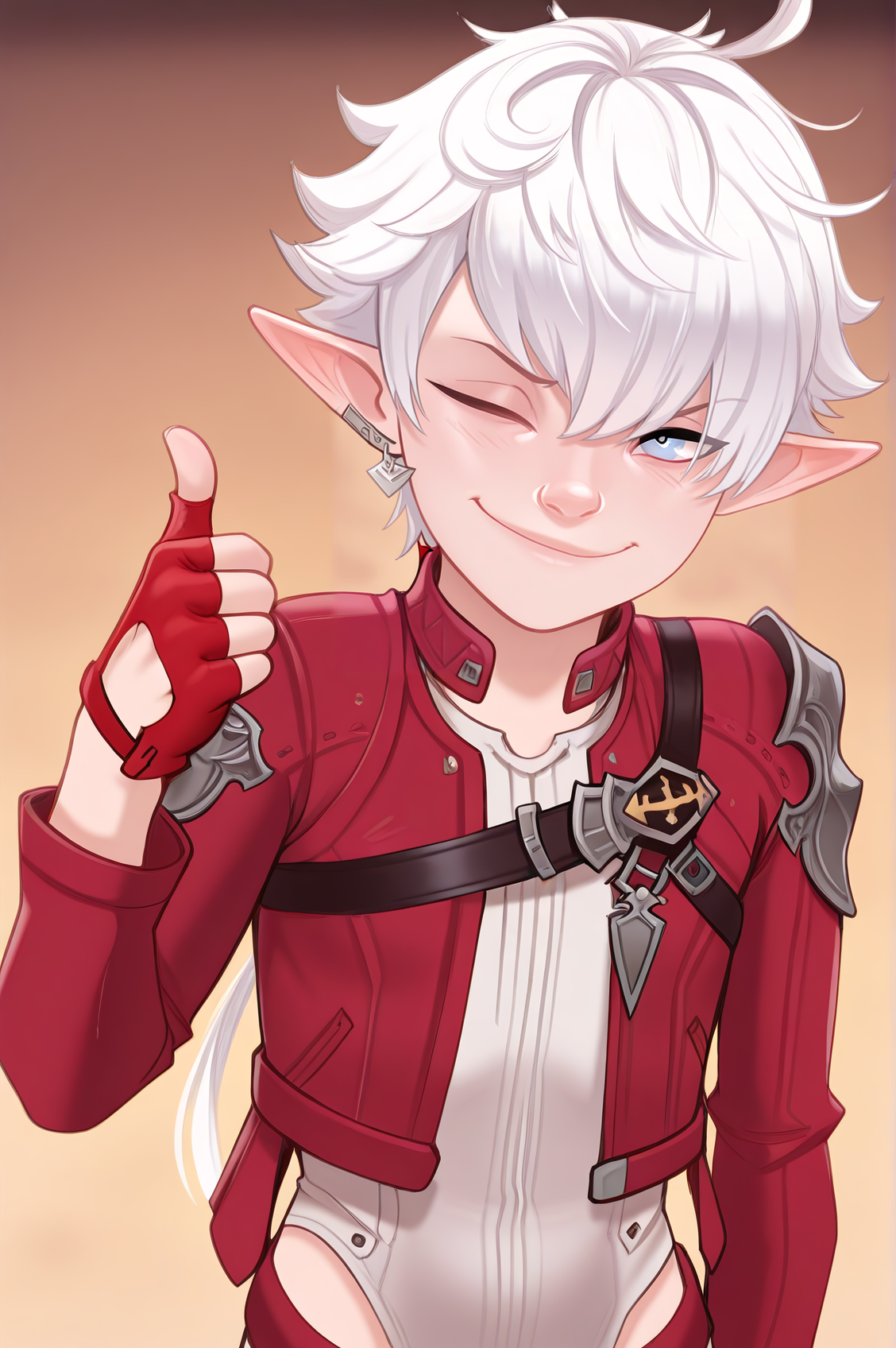 masterpiece, best quality, absurdres, 
solo,
red jacket, thumbs up, fingerless gloves, smile, smug, one eye closed, 
 <lora:Alisaie_Leveilleur_ã¢ãªã¼ã¼ã«ã´ã§ã¦ã¼ã«_ArizÄ_RuveyÅ«ru_Final_Fantasy_XIV_Character_LoRA:0.9> alisaie leveilleur, pointy ears, elf, white hair, elezen, blue eyes, long hair, ahoge,
 <lora:AndavaILf:1> andilf,