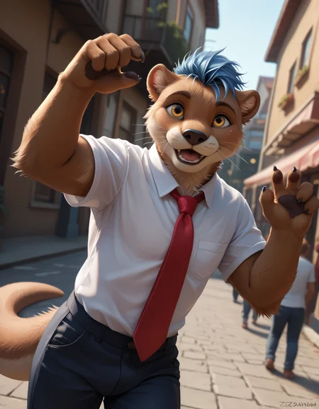score_9, score_8_up, score_7_up, rating_safe, detailed, <lora:add-detail-xl:2.5>, anthro, furry, dutch angle, high quality, hires, detailed background, easynegative, pose, <lora:Zazush-una_Artist_Style-000029.safetensors:1.4>, (by Zazush-una:1.4), <lora:ottis_the_otter_v1-09.safetensors:0.7> ott1s_the_0tter, (otter:1.1), male focus, clothing, joy, smile, open mouth, blue hair, shirt, pants, (red necktie:1.1), happy, yellow eyes