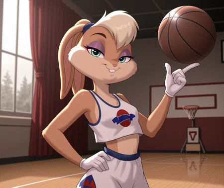 masterpiece, best quality, amazing quality, white shorts, half-closed eyes, blonde hair, hand on own hip, hand up, rabbit girl, :3, window, small breasts, 1girl, index finger raised, purple eyeshadow, rabbit ears, midriff, short hair, bare shoulders, white gloves, closed mouth, sportswear, animal nose, balancing ball, balancing on finger, indoors, shirt print,  blurry background, smile, happy, sleeveless shirt, standing, two-tone fur, looking at viewer, hair tie, white tank top, cream fur, furry female, basketball uniform, body fur, tan fur, curtains, aqua eyes, SJLola, upper body, basketball (object), buck teeth, cowboy shot,  <lora:SpaceJamLola:1>