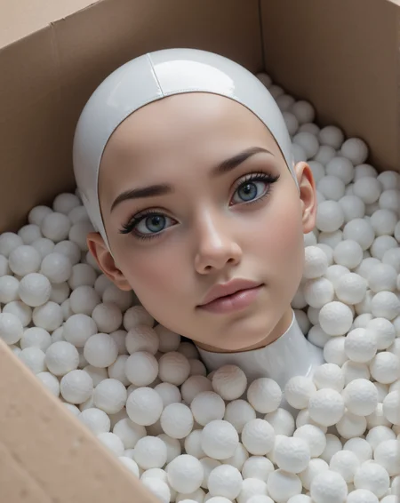 Lifelike android laying in a cardboard box. Covered in packing peanuts. Humanoid face. Beautiful expressive eyes, detailed eyes. Exposed Pussy. Clear transparent Plastic hue. Reflective skin. Multi-Layered Textures, deep colors, absurdres, Photorealistic, Natural atmospheric lighting, intricate details, 35mm photograph, film, professional, 4k visuals, highly detailed, elegant, studio quality. <lora:Woomy_1:1>