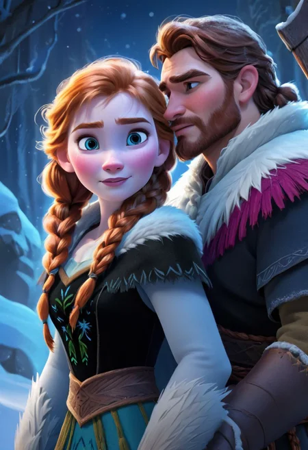 by Lois van Baarle,  1 female, anna from the movie frozen, auburn hair in two braids, 1 male, kristoff rom the movie frozen, couple, lovers,  axe, fur cape, garland of beads, night, moon, snow, blizzard, illustration, 2d, best quality, best facial detail