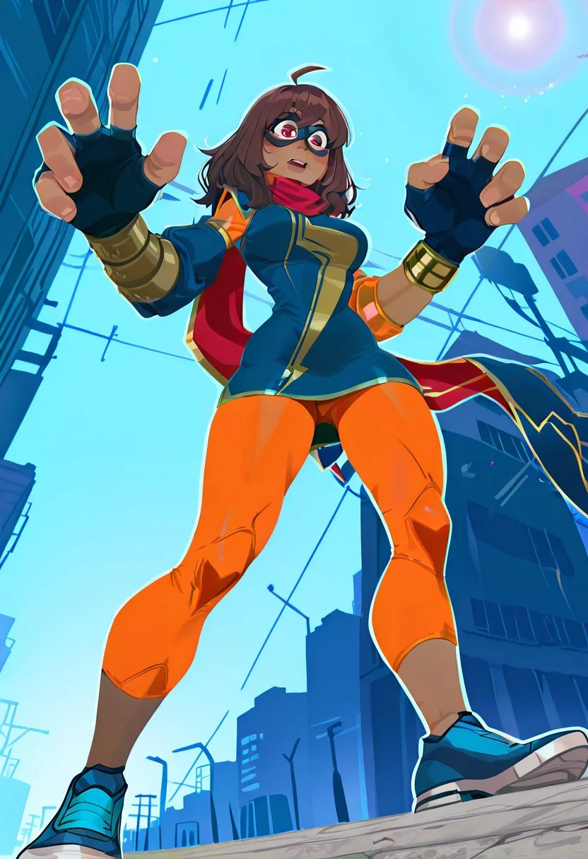 2d, 1girl, kamala_marvelt0k0n, dark-skinned female, brown hair, medium hair, ahoge, red eyes, big eyes, domino mask, blue mask, red scarf,
superhero costume, skintight, lightning bolt symbol, yellow lightning emblem, blue capelet, blue short dress, orange leotard, bike short, leggings, orange leggings, fingerless gloves, sneakers, blue sneakers,
asymmetrical sleeves, asymmetrical armlets, solo puffy armlet, solo bracelet, , urban background, open mouth, from below, lips, portrait, gradient, combat pose, dynamic pose, standing, eyelashes, top focus, blush, portrait, close-up, top focus, medium breasts, only top, only top, 
amazing quality,very aesthetic,absurdres,newest,depth of field, blurry background, dutch angle, dynamic angle, white outline, lens flare, 
outdoors, big hands, huge hands, huge hand, stretchy arms, oversized limbs, perfect hands, 5fingers