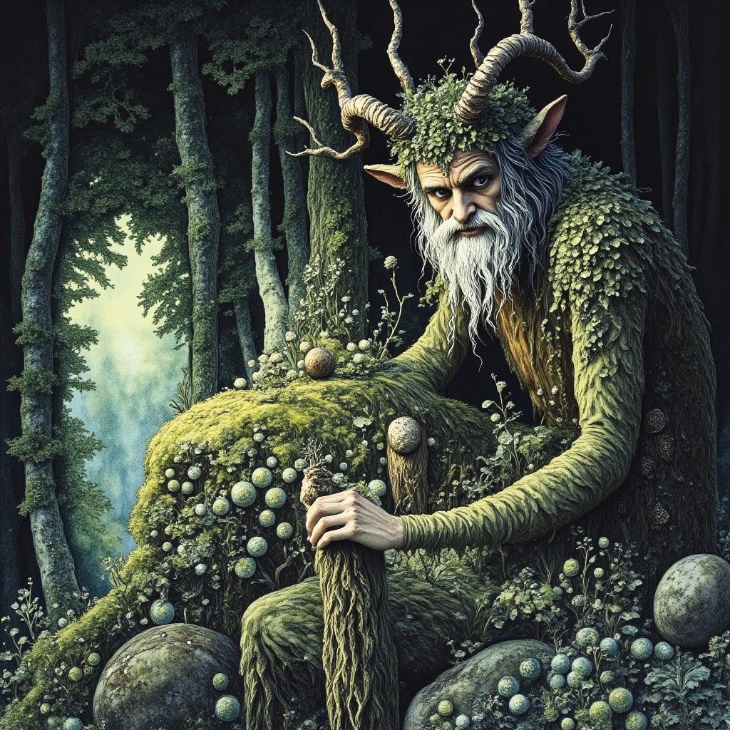 Studio Ghibli Dark Fairytale satyr sitting in the woods This is a photograph of a painting, likely a 19th-century piece in the style of the Pre-Raphaelite movement. The artwork depicts a fantastical scene with an old, bearded man with goat-like features, reminiscent of a satyr or faun. He is sitting on a rock in a forest setting, surrounded by lush greenery and various plants.