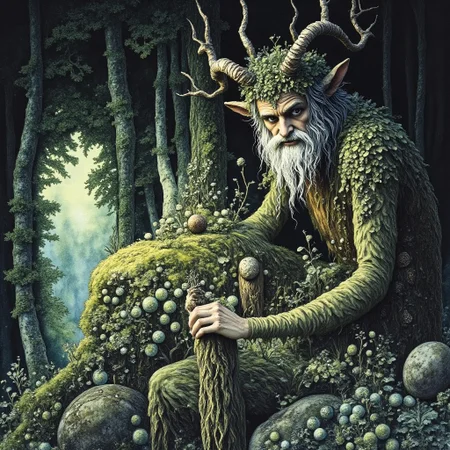Studio Ghibli Dark Fairytale satyr sitting in the woods This is a photograph of a painting, likely a 19th-century piece in the style of the Pre-Raphaelite movement. The artwork depicts a fantastical scene with an old, bearded man with goat-like features, reminiscent of a satyr or faun. He is sitting on a rock in a forest setting, surrounded by lush greenery and various plants.