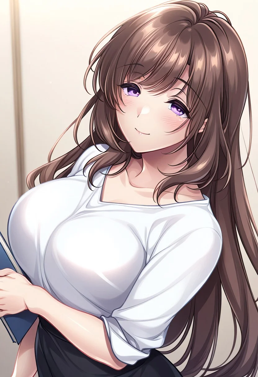 masterpiece, best quality, newest, highres, uncensored, 1girl, Hagino Umi,Brown Hair, Side Tail, Waist Length Hair,Violet Eyes,Big Breasts, Pale, Slim, Young-adult,
1girl,looking at viewer, happy,light smile,standing, upper body, holding a book,, Blouse, Sandals, Skirt, Sports Jersey, T-shirt, necktie, rolled up sleeves, masterpiece, 8k, intricate details, ultra detailed, hyper detailed, ultra detailed hair, ultra detailed face, ultra detailed hair, ultra detailed body