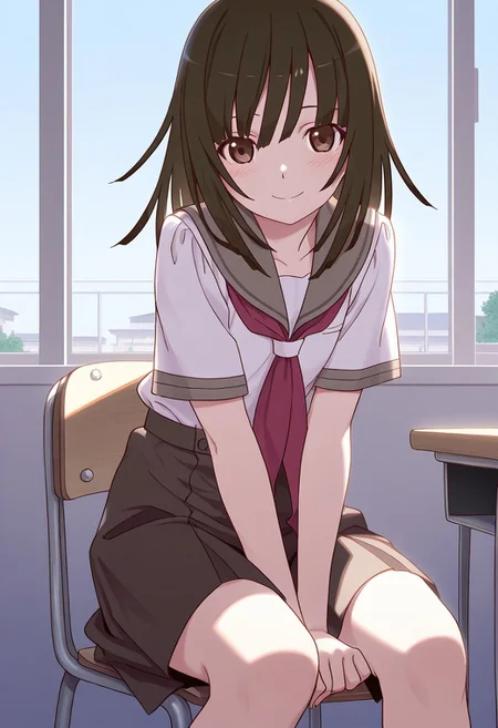 <lora:illustrious_XL_nadeko:0.9>,nadeko,masterpiece,best quality,good quality,1girl,solo,long hair,long bangs,school_uniform,sailor,day,indoor,classroom,v_arms,sitting_on_chair,smile,light_blush,