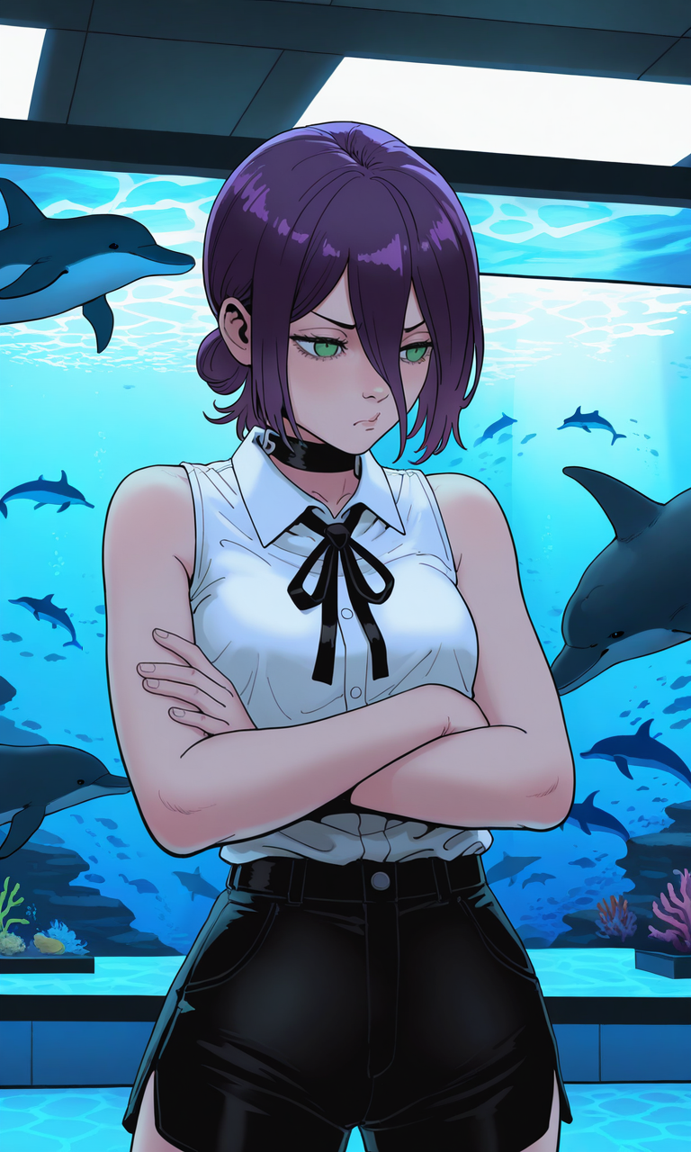 embedding:IllusP0s, f3rn4nd0, reze_\(chainsaw_man\), purple hair, green eyes, black choker, sleeveless, white shirt, black ribbon, black shorts, contrast lighting, crossed arms, pouting, aquarium, indoors, dolphin, 1girl, solo,<lora:Style_soph-Fernando-ILXL.safetensors:1.0:1.0>