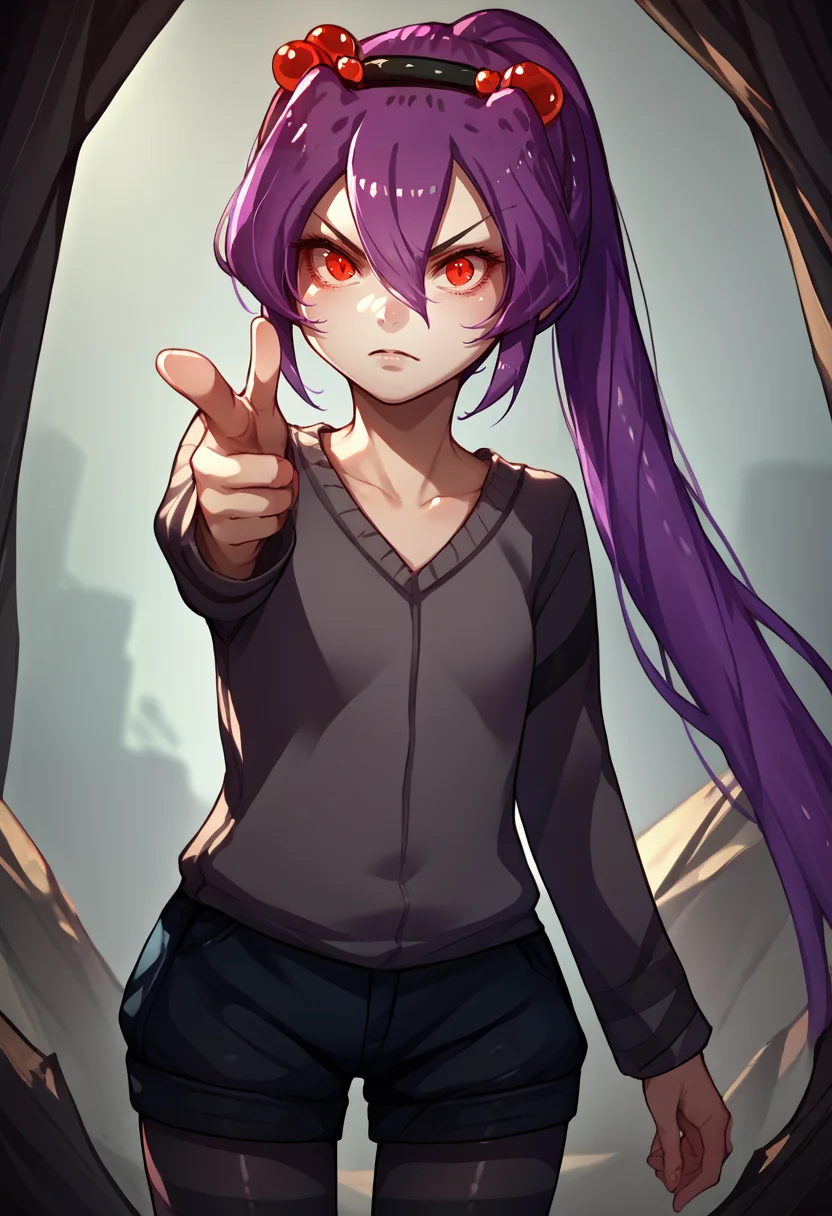 score_9, score_8_up, score_7_up, source_anime, 1girl, solo, <lora:Spiderchan_XLPD:0.9>, Spider-chan, purple hair, red eyes, ponytail, hair ornament, hair between eyes, hair bobbles, long hair, bangs, black pantyhose, long sleeves, collarbone, short shorts, <lora:Fingergun_XLPD:1>, finger gun