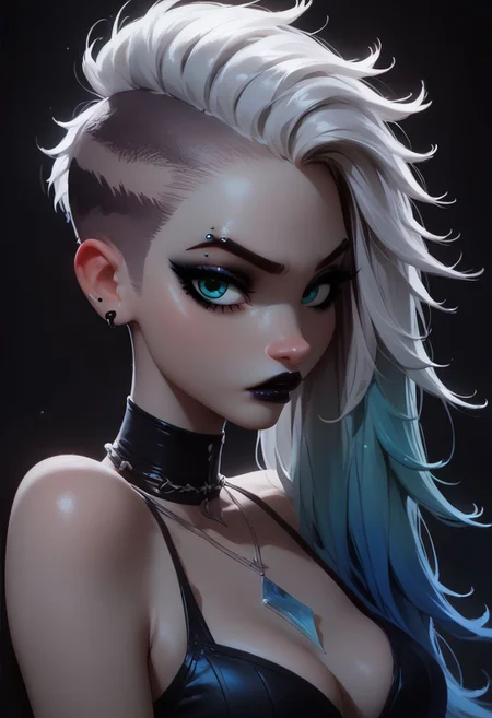score_9, score_8_up, score_7_up, ElsaXPL, (Goth girl, goth girl 1girl:0.8), 1girl,solo,looking at viewer,long hair, white hair,blue IncursioDipDyedHair, asymmetrical hairstyle, undercut, one side of head buzzed, bare shoulders,from above, sleeveless,turquoise eyes,necklace,eyebrow piercing,two-tone hair,lips,makeup,lipstick,black background,portrait,spot color , upper body, cleavage, SkinHairDetail