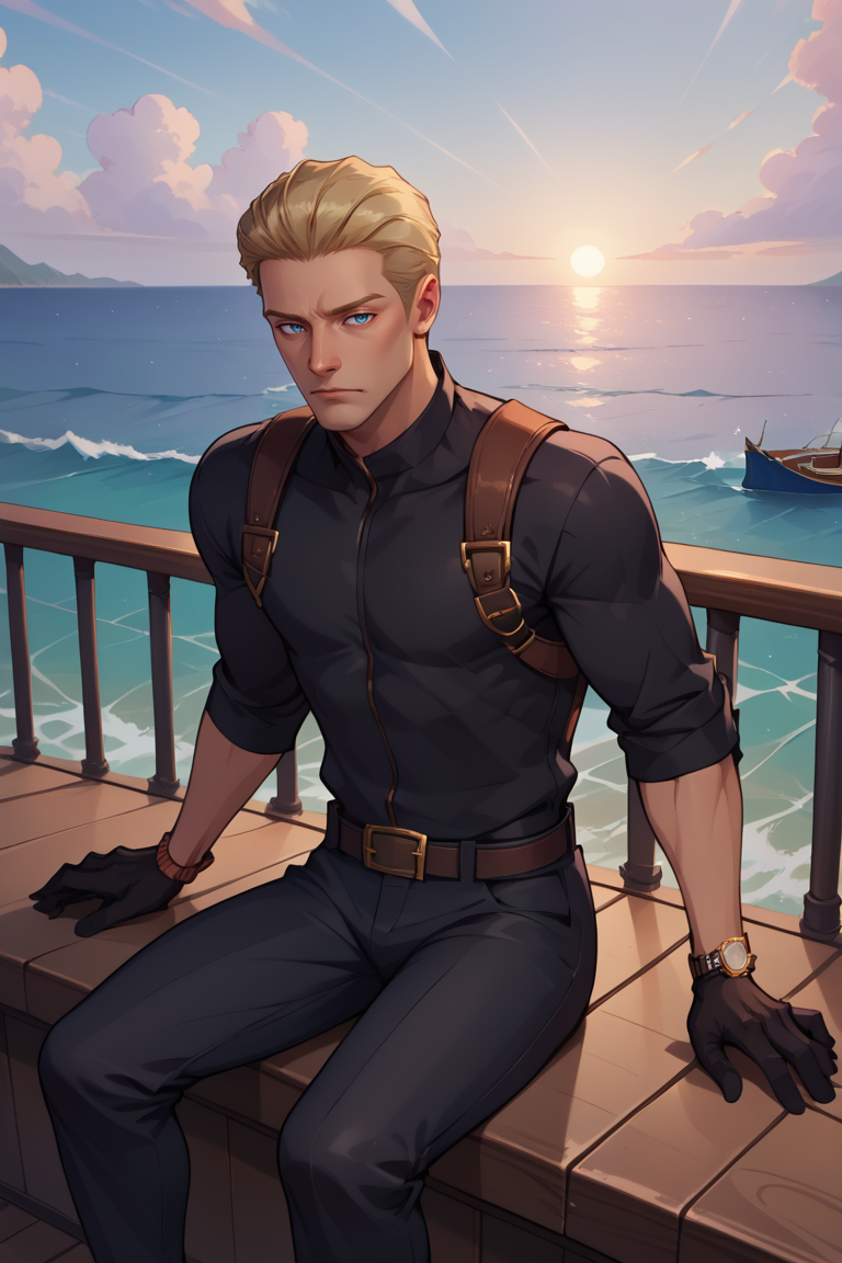score_9, score_8_up, score_7_up, BREAK, <lora:albertwesker-guy-PONYv1:1>, 1boy, solo, albertwesker, black gloves, belt, pants, black pants, black shirt, watch, sitting, outdoors, ocean, railing, freighter boat, fog