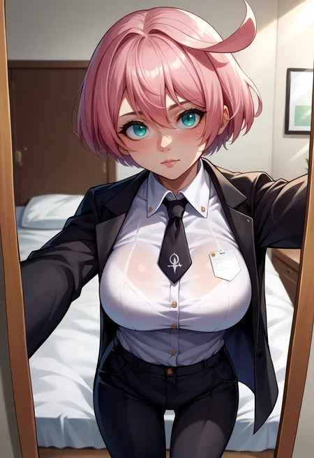 score_9, score_8_up,score_7_up, source_anime, 1girl, solo, <lora:EPggElphelt:1.0>, EPggElphelt, 1girl, aqua eyes, pink hair, short hair, hair between eyes, ahoge, large breasts, business suit, black pants, white collared shirt, black suit, black jacket, black necktie, selfie, taking picture, mirror selfie, bedroom, bed, mirror,