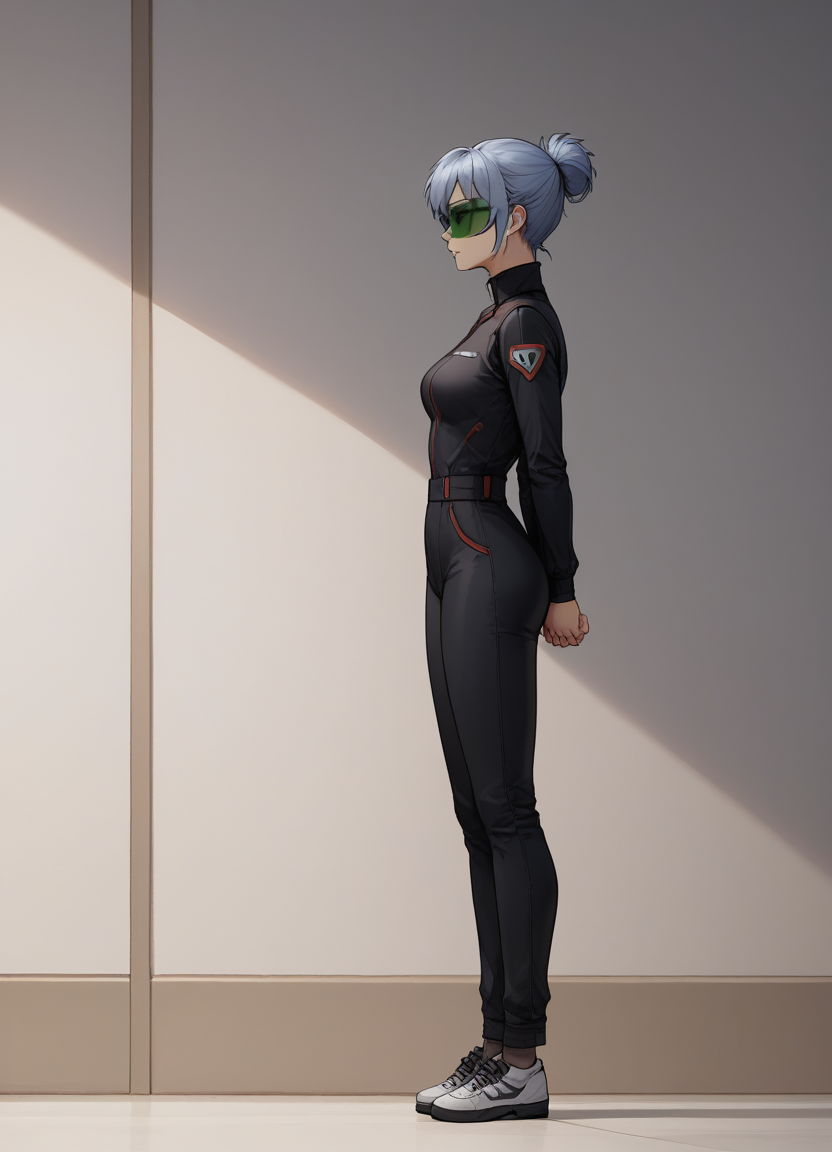 score_9, score_8_up, score_7_up, score_6_up, source_anime, indoors, BREAK full body, from side, jennygamerfox, human, female, 1girl, solo, visor, black jumpsuit, shoes, hands behind back <lora:jennyv2_epoch_10:0.8>