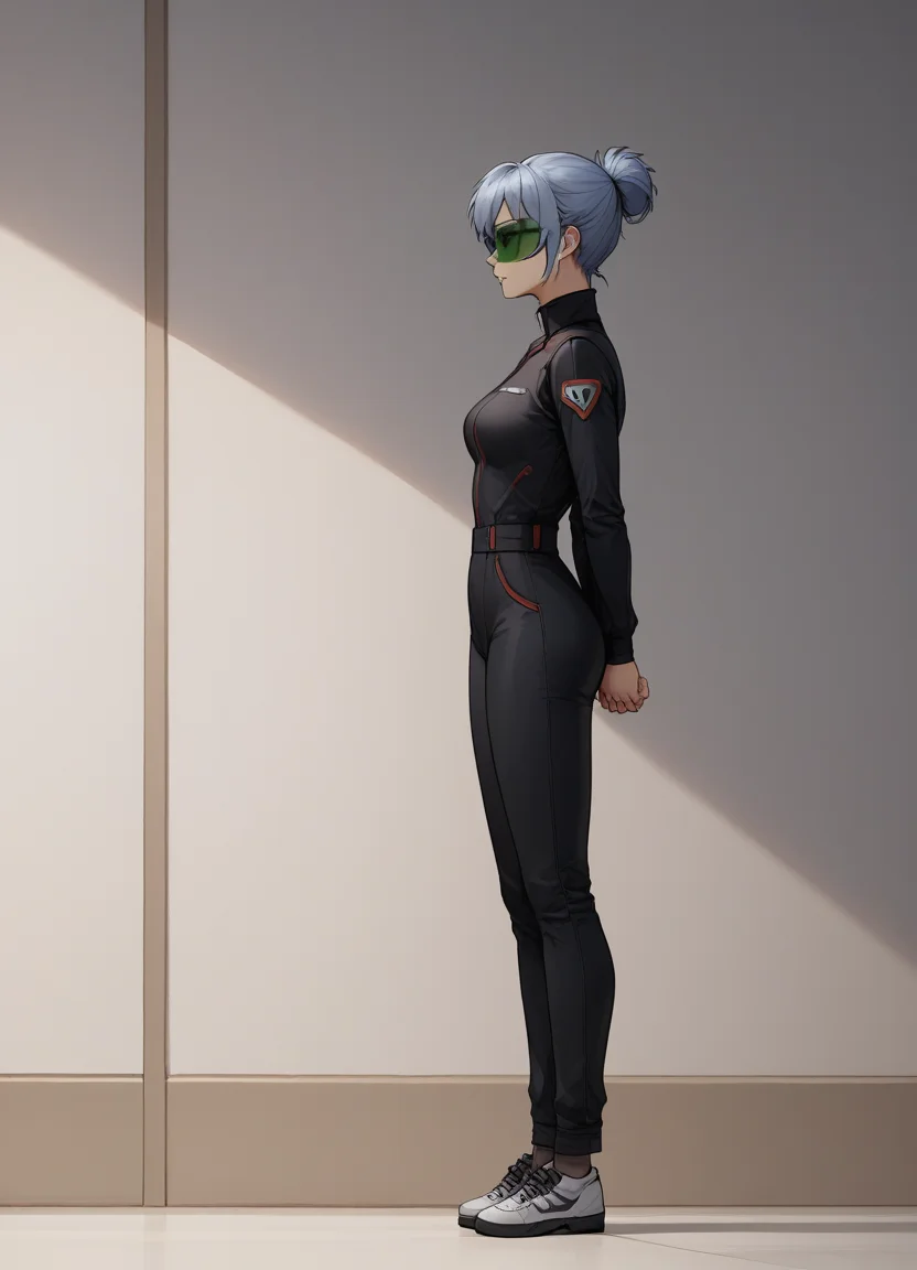 score_9, score_8_up, score_7_up, score_6_up, source_anime, indoors, BREAK full body, from side, jennygamerfox, human, female, 1girl, solo, visor, black jumpsuit, shoes, hands behind back <lora:jennyv2_epoch_10:0.8>