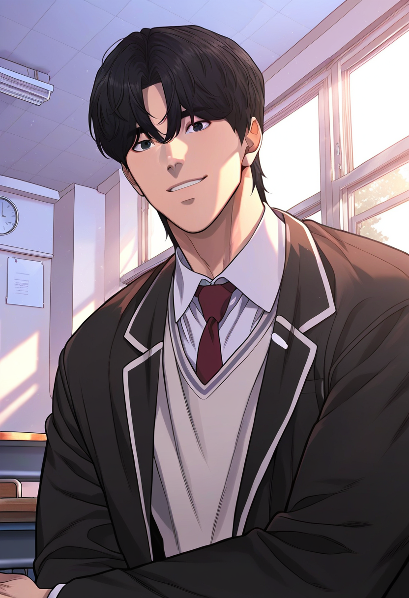 1boy, male focus, solo,
<lora:Character - Questism - Kim Suhyeon:1> kimsuhyeon, black hair, black eyes
,((zPDXL)), score_9_up, score_8_up, score_7_up, score_6_up, score_5_up, score_4_up, best quality, amazing quality, best aesthetic, amazing aesthetic, absurdres, year2023, uncensored, very nsfw, official art, official style,
 looking at viewer, smile, classroom, blazer, red necktie, school uniform, morning,