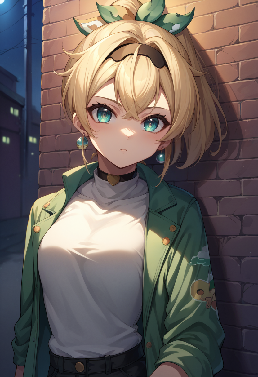 score_9, score_8_up, source_anime, KazamaIroha, hair ornament, hairband, ponytail, earrings, sharp eyes, choker, neon shirt, open jacket, turtleneck sweater, night, against wall, brick wall, graffiti, dim lighting, alley, looking at viewer, <lora:CHAR-KazamaIrohaPonyXL:1>