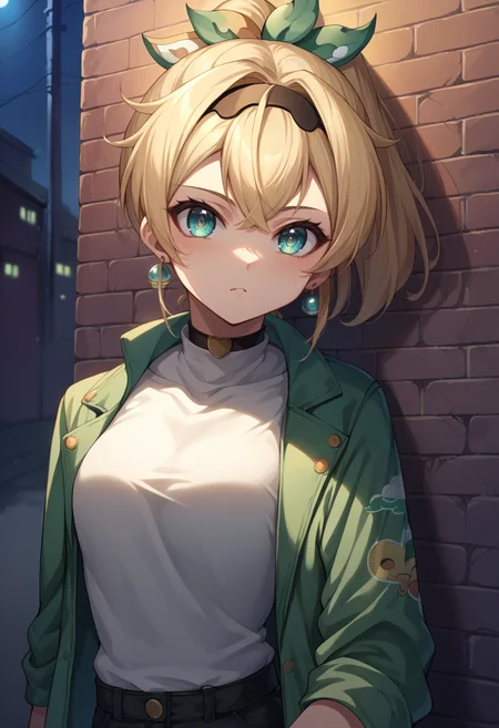 score_9, score_8_up, source_anime, KazamaIroha, hair ornament, hairband, ponytail, earrings, sharp eyes, choker, neon shirt, open jacket, turtleneck sweater, night, against wall, brick wall, graffiti, dim lighting, alley, looking at viewer, <lora:CHAR-KazamaIrohaPonyXL:1>